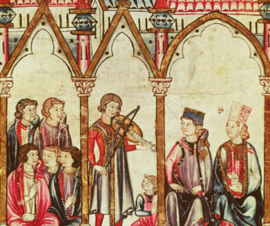 Group of Troubadours, illustration from "Cantigas de Santa Maria", made under the direction of Alfonso X ("The Wise") King of Castille and Leon (1221-84) (vellum) (see also 56625)
