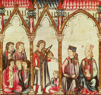 Group of Troubadours, illustration from "Cantigas de Santa Maria", made under the direction of Alfonso X ("The Wise") King of Castille and Leon (1221-84) (vellum) (see also 56625)